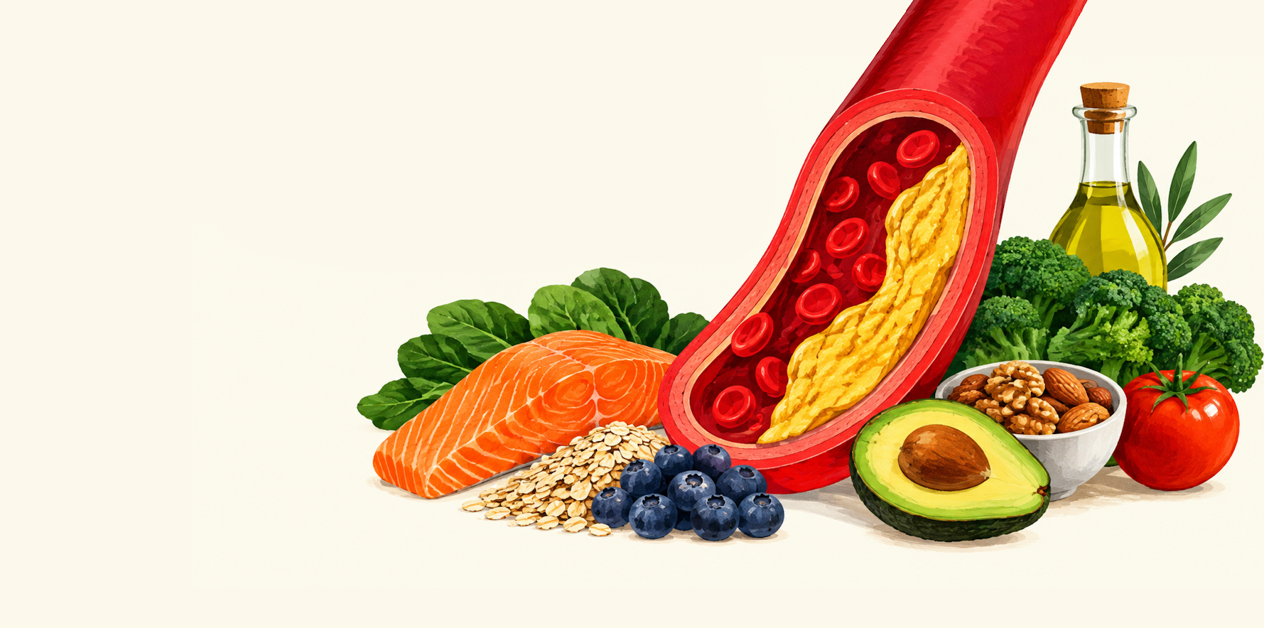 A cross-section of an artery with cholesterol buildup, surrounded by protein and healthy-fat foods: salmon, avocado, olive oil, nuts, blueberries, and broccoli.